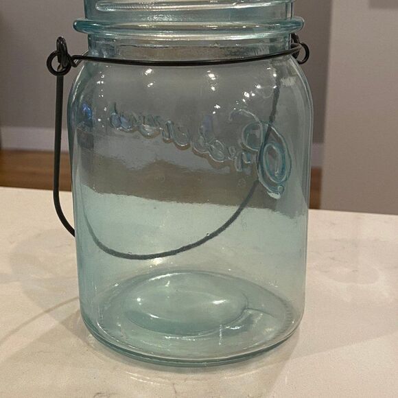 Vintage Aqua Blue Sea Glass Preserve Mason Jar with Metal Wire Handle, 6" Tall - Picture 4 of 5